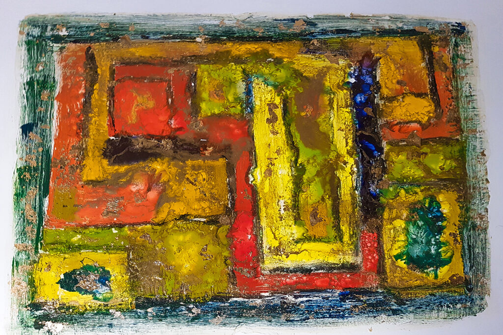 Im Labyrinth der Farben, 60 cm x 80 cm, Wachs mit Bügeleisen, auf weisser Acrylplatte